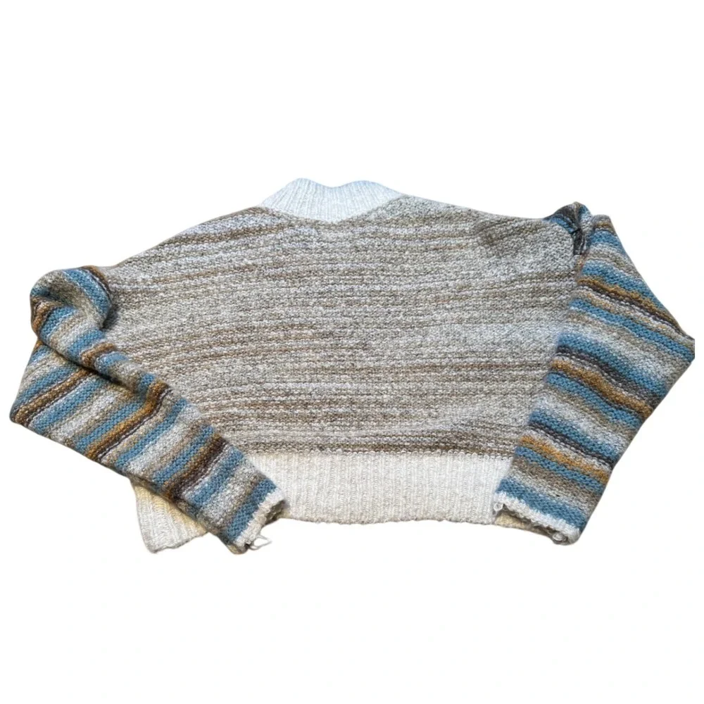 Urban Outfitters Cropped‎ Chunky Knit Sweater Striped Neutral Blue Boho Size s